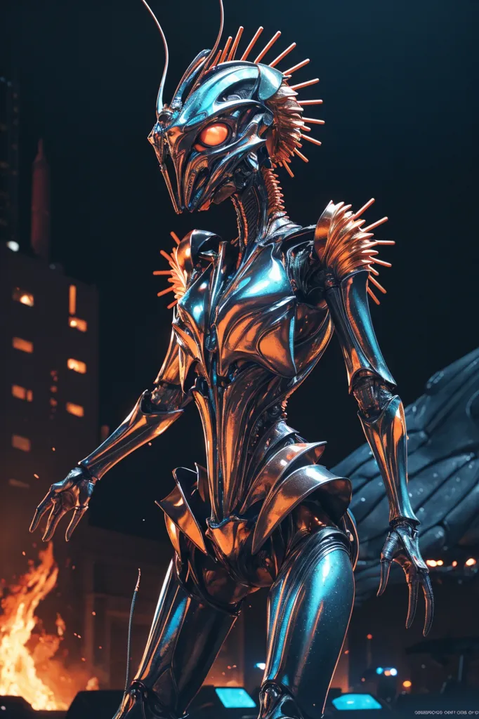 The image is a digital painting of a female humanoid robot. She has metallic silver skin and glowing orange eyes. She is wearing a black bodysuit with gold accents. Her face is angular and expressionless. She has long, sharp claws. She is standing in a dark, fiery environment. There are buildings in the background.