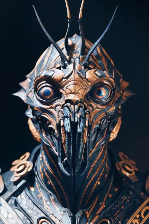 The image is a dark, close-up portrait of an alien creature. The creature has a metallic, insectoid appearance, with a large, multifaceted head and a pair of glowing blue eyes. Its mouth is open, revealing a sharp, pointed tongue. The creature is wearing a suit of black and gold armor, which is decorated with strange symbols. The background of the image is black, which makes the creature stand out.