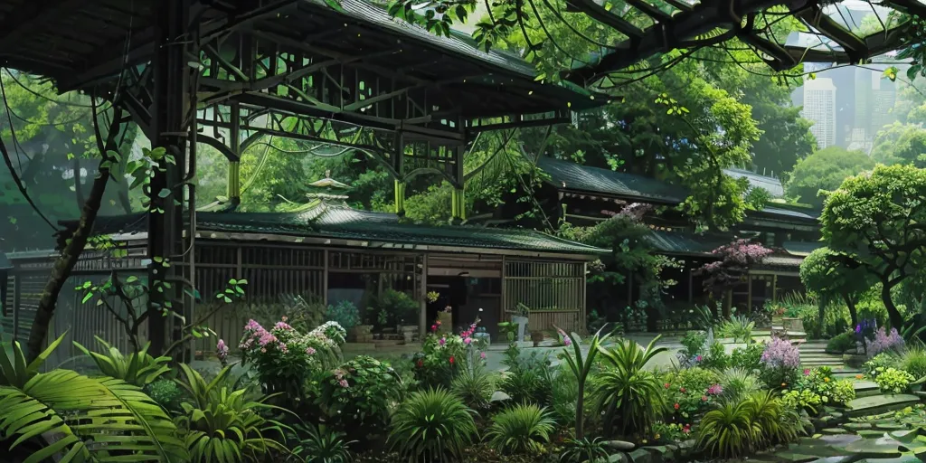 A imagem mostra um belo jardim com uma casa tradicional japonesa. A casa é feita de madeira e tem um telhado de colmo. Ela está rodeada por uma vegetação exuberante, incluindo árvores, arbustos e flores. Há um pequeno lago em primeiro plano da imagem e um caminho de pedra leva até a casa. O jardim é pacífico e sereno, e é evidente que muito cuidado foi colocado em sua manutenção.