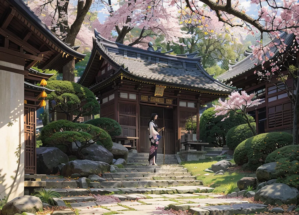 The image is a beautiful Japanese garden with a traditional house. The house is made of wood and has a tiled roof. The garden is full of trees and flowers. There is a stone path leading up to the house. A woman in a kimono is standing on the path. She is holding a sword. The image is very peaceful and serene.