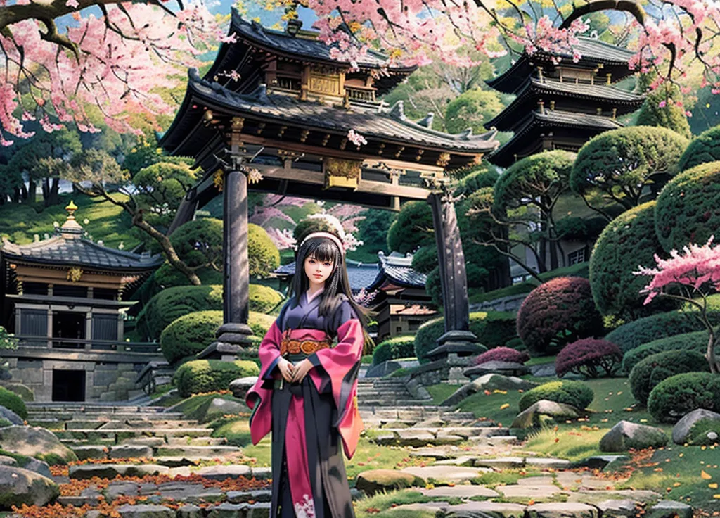 This image shows a beautiful Japanese garden with a traditional house and a young woman in a kimono. The garden is full of cherry blossoms, and there are stone lanterns and bridges. The woman is standing on a stone path, and she is looking at the camera. She is wearing a pink and black kimono with a red obi, and she has long black hair. The garden is peaceful and serene, and the woman's presence adds a touch of beauty and elegance.