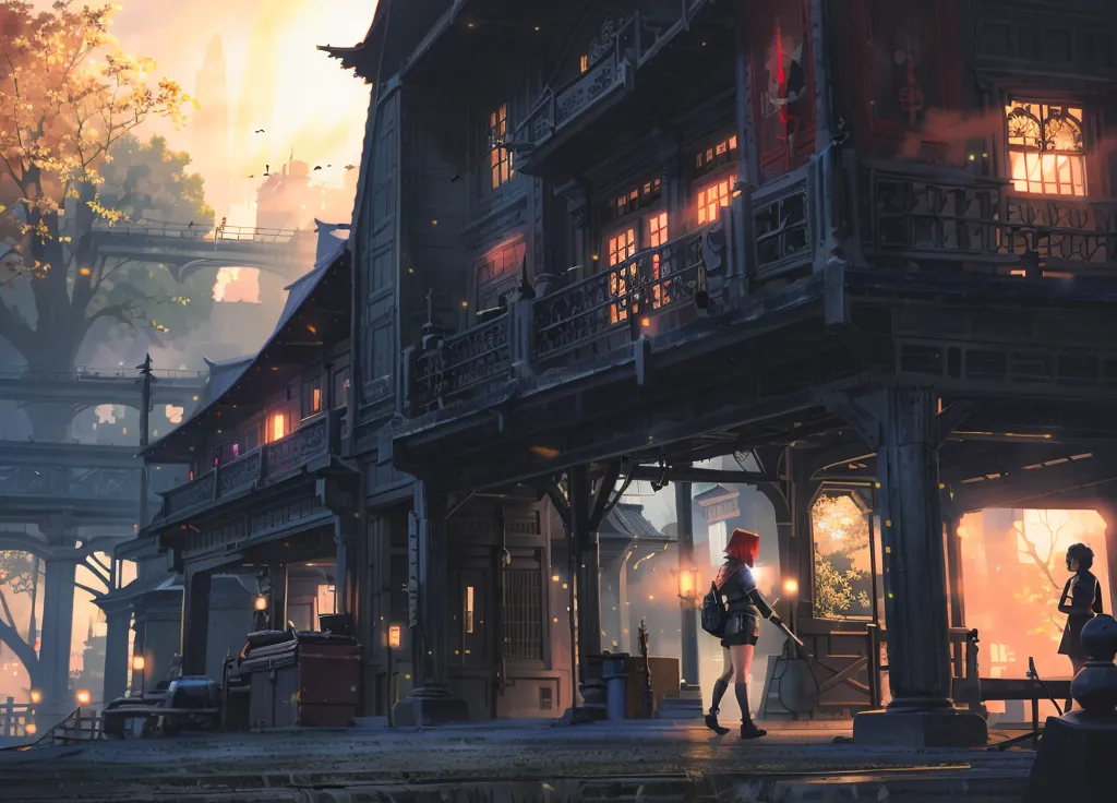 The image is set in a fictional Asian city. The time of day is sunset, and the sky is a gradient of orange, yellow, pink, and blue. The city is built on a river, and there are many bridges and canals. The buildings are made of wood and have intricate carvings. There are people walking around the city, and they are all wearing traditional Asian clothing. The image is very detailed, and it captures the beauty of the city.