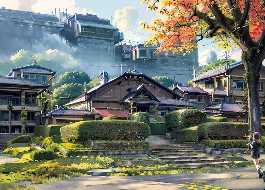 The image is a beautiful streetscape of a Japanese town. The street is lined with traditional Japanese houses, each with a unique design and character. The houses are surrounded by lush gardens and trees, and the air is filled with the sound of birdsong. The street is quiet and peaceful, and it seems like the perfect place to relax and enjoy a cup of tea. There is a girl with a black skirt and a white shirt standing on the right side of the image.