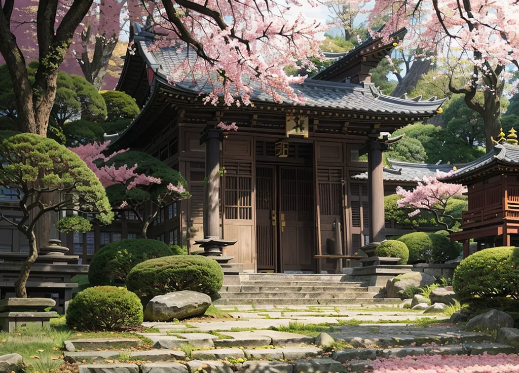 The image shows a traditional Japanese house with a beautiful garden. The house is made of wood and has a tiled roof. The garden is full of trees, shrubs, and flowers. There is a stone path leading up to the house. The trees are covered in cherry blossoms. The image is very peaceful and serene.