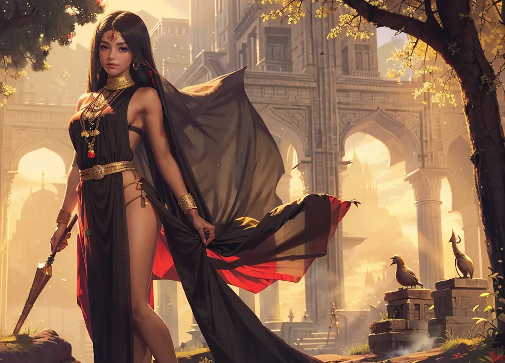 A beautiful dark-haired woman wearing a black dress with gold trim is walking through a ruined city. She is carrying a sword and a shield. The city is in ruins, and there are no other people visible. The woman is looking at the camera with a determined expression.