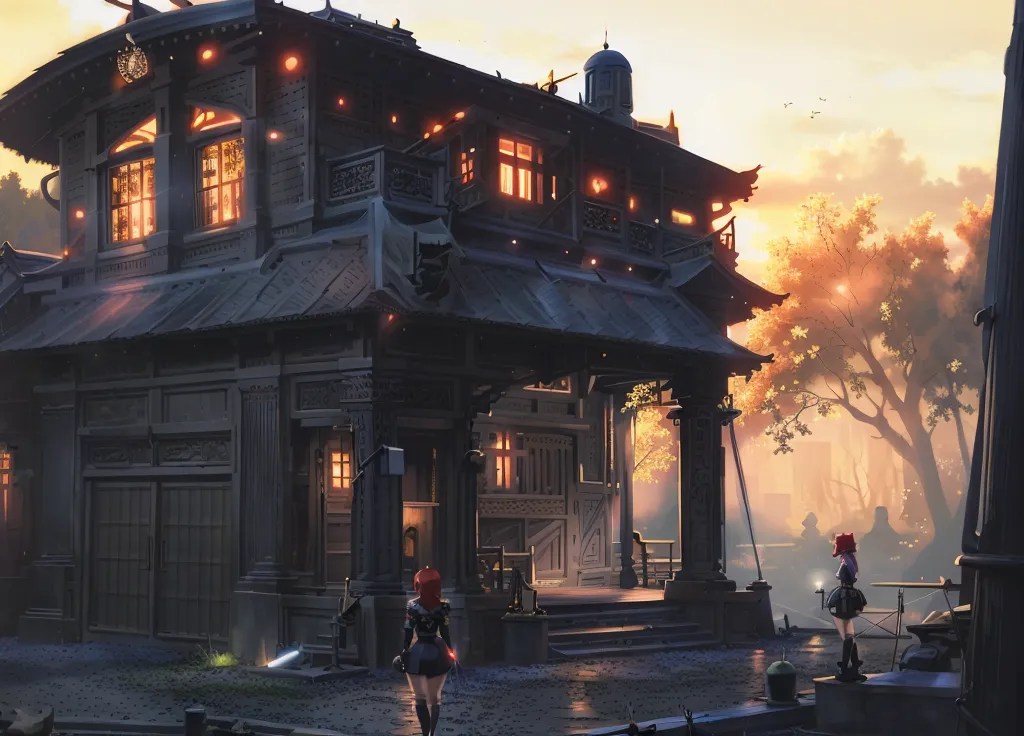 A imagem está em estilo anime e mostra uma casa tradicional japonesa. A casa é feita de madeira e tem um exterior marrom escuro. Há várias janelas e portas na frente da casa e algumas árvores no quintal. Duas meninas estão em pé no quintal em frente à casa. Ambas estão usando quimonos e têm cabelos vermelhos longos. O céu está laranja e o sol está se pondo.