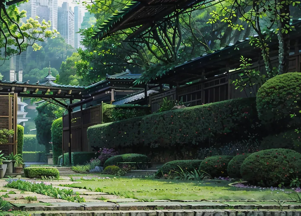 The image is a beautiful depiction of a Japanese garden. The garden is full of lush greenery, with tall trees, shrubs, and flowers. There is a stone path that runs through the garden, and there are several traditional Japanese houses in the background. The garden is peaceful and serene, and it is the perfect place to relax and enjoy the beauty of nature.