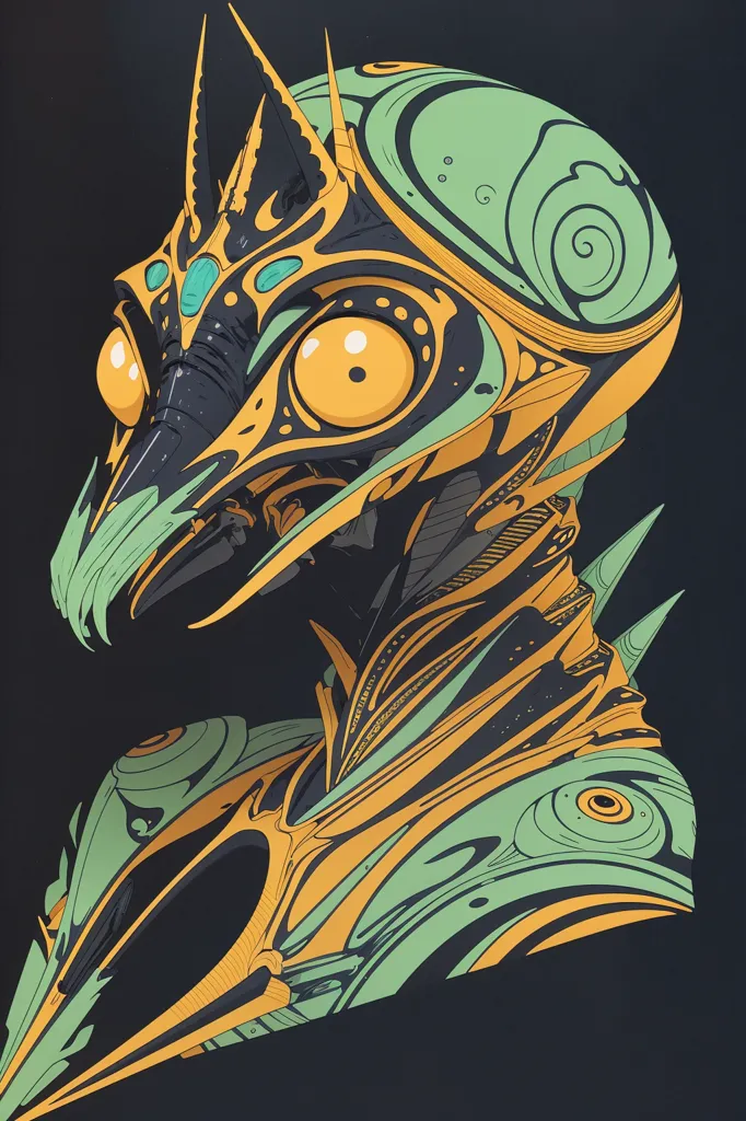 The image is a dark, detailed portrait of a robotic mantis-like creature. The creature has a long, sharp beak-like mouth, and its eyes are a bright, glowing yellow. Its body is covered in intricate, geometric patterns, and it has four long, segmented arms. The creature is standing in a dark, shadowy environment, and it is unclear what the background is.