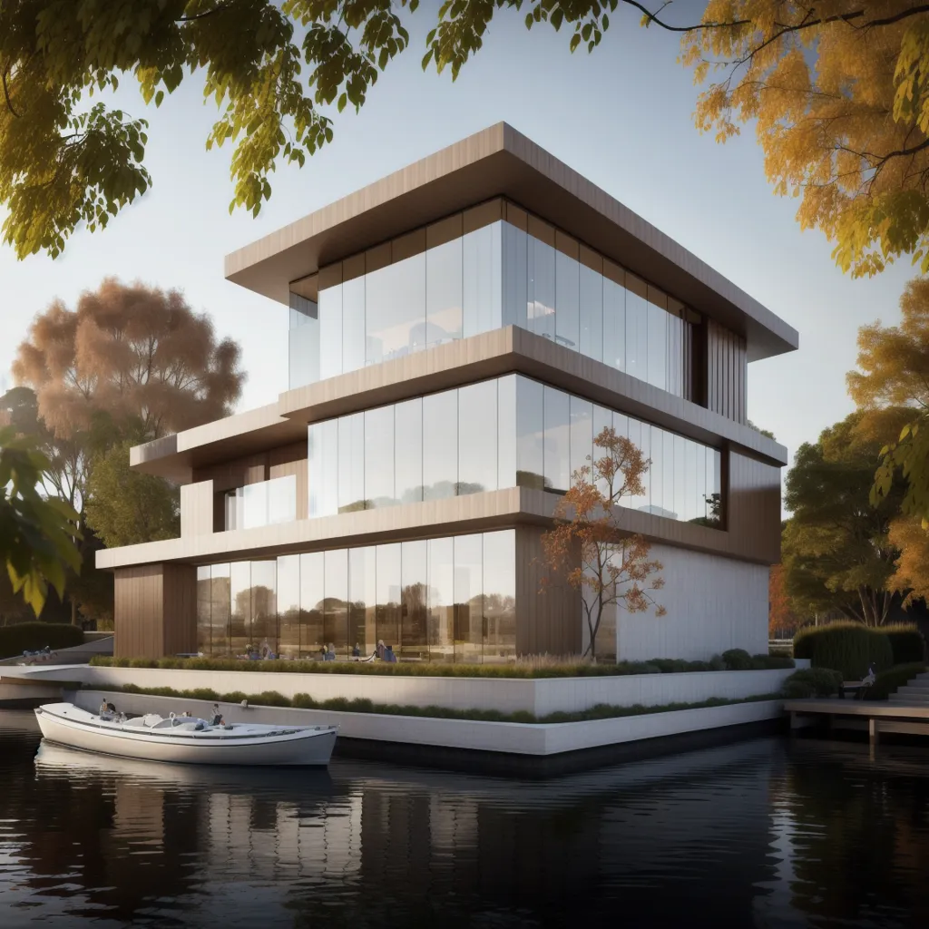 The image shows a modern house with a lot of glass windows. The house is built on a lake and has a boat docked next to it. There are trees and plants around the house. The house is made of wood and the walls are painted white. The house has a large balcony with a glass railing.