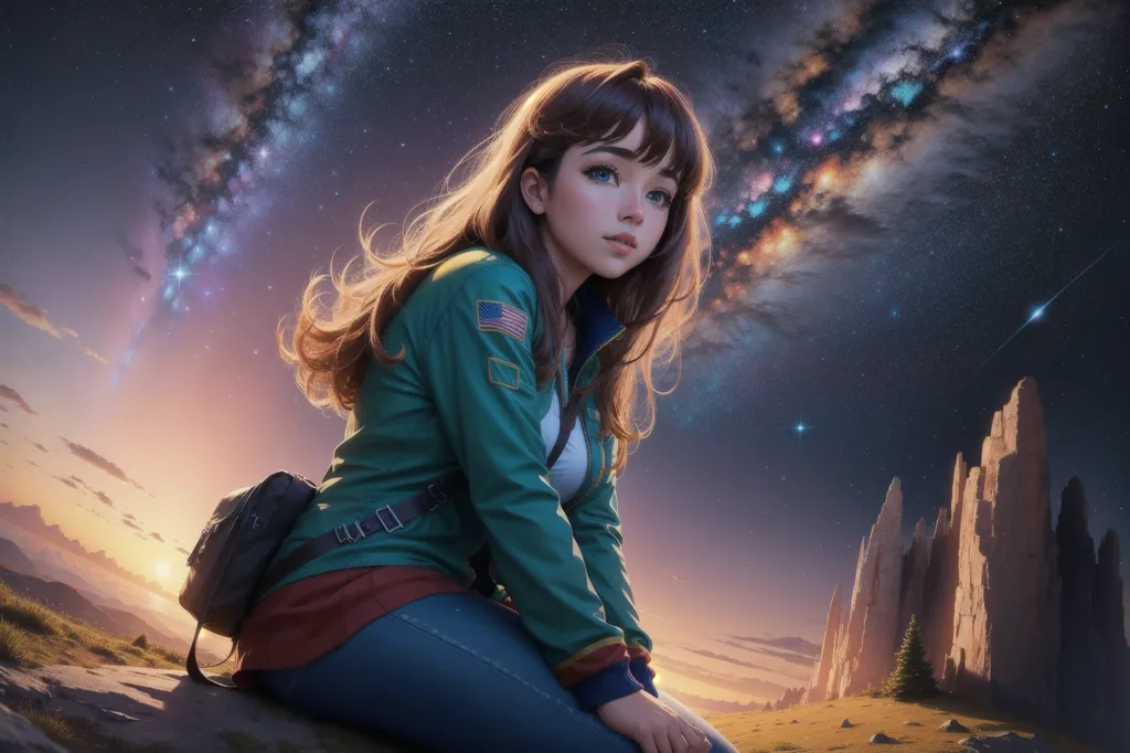 The image shows a young girl with long brown hair sitting on a rock in the middle of a vast landscape. She is wearing a green jacket, blue jeans, and a white shirt. The girl is looking up at the night sky, which is filled with stars and a bright, colorful nebula. There are also some clouds in the sky. The girl is sitting on a rocky hill and there are some rocks in the background.