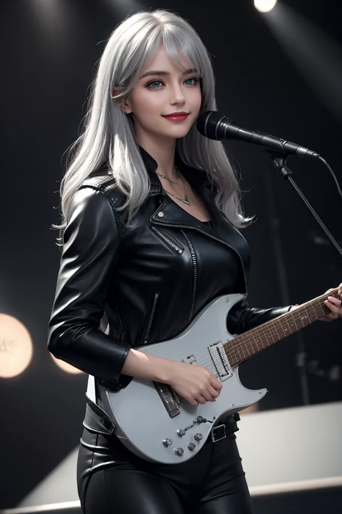 The image shows a young woman with long silver hair and blue eyes. She is wearing a black leather jacket and black leather pants. She is playing an electric guitar and singing into a microphone. She is standing on a stage with bright lights shining on her.