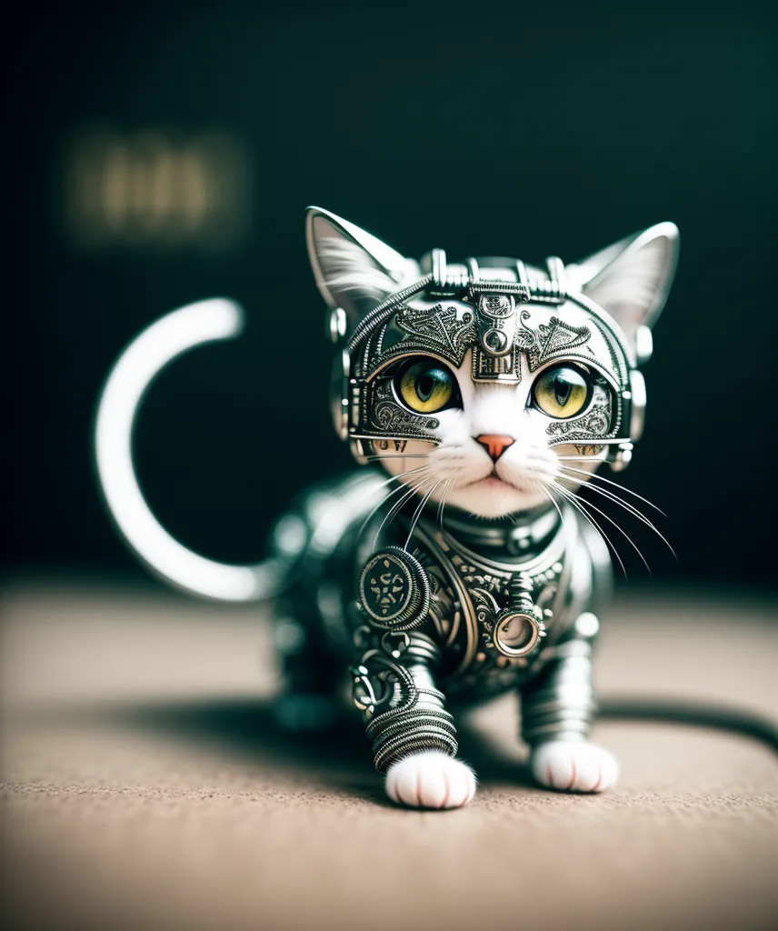 The image shows a steampunk cat. It is a small, white cat wearing a metal suit of armor. The armor is decorated with various gears and rivets. The cat is sitting on a brown surface, and it is looking at the viewer with its big, yellow eyes.