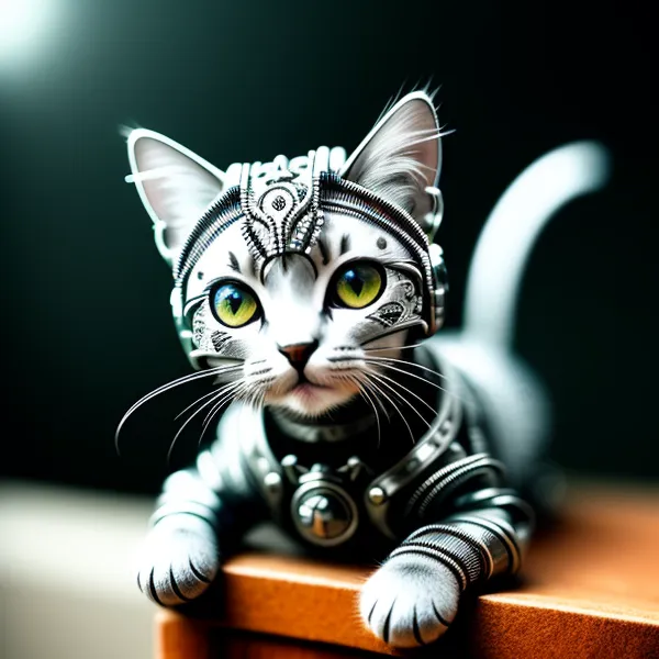 The image shows a small cat wearing a suit of armor. The armor is made of metal and has a silver color. The cat is sitting on a wooden table, looking at the viewer with its big green eyes. The cat's fur is white and gray, and its tail is curled up on its back.