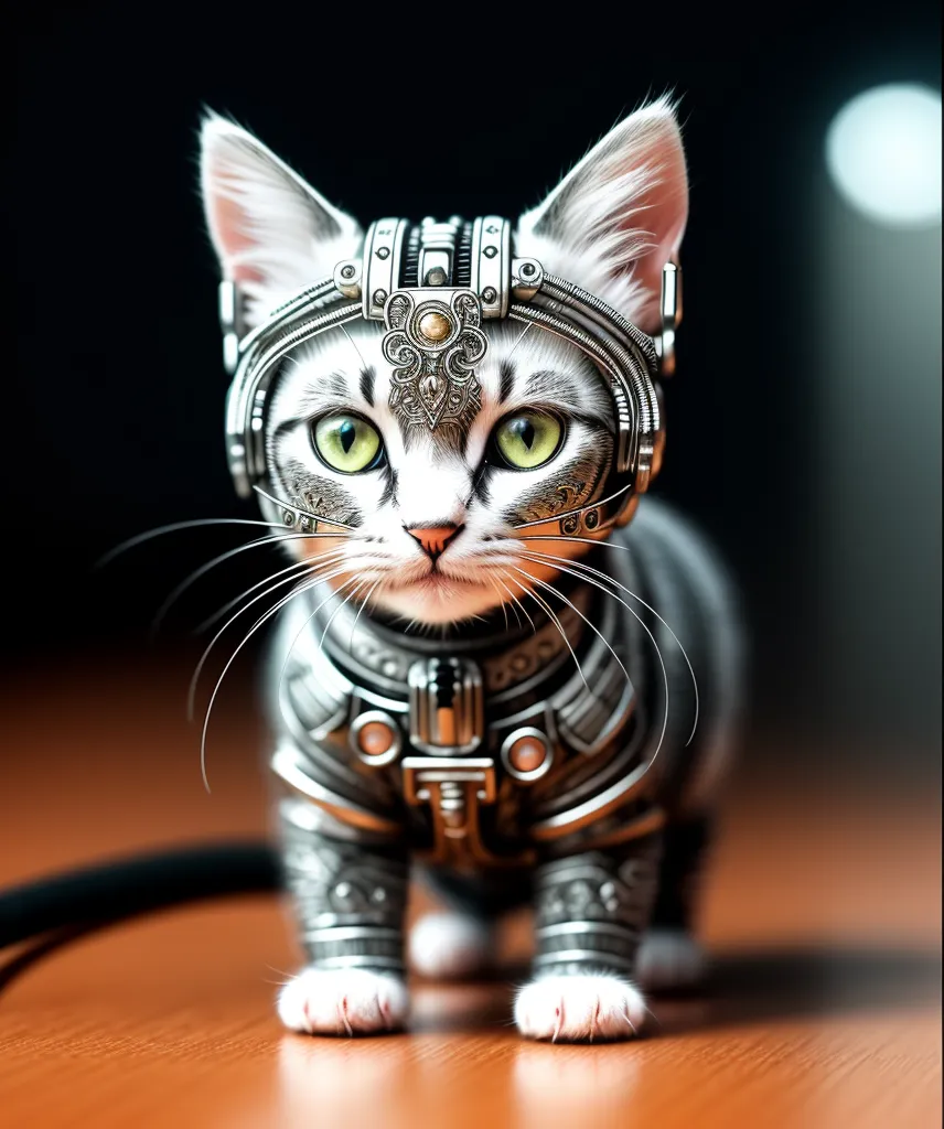 The image shows a cat wearing a metal helmet and armor. The cat is sitting on a wooden table, looking at the camera with wide green eyes. The helmet and armor are made of silver metal, and they are decorated with gold and copper accents. The cat's fur is white and gray, and it has a long tail. The image is set in a dark room, with a spotlight shining down on the cat.