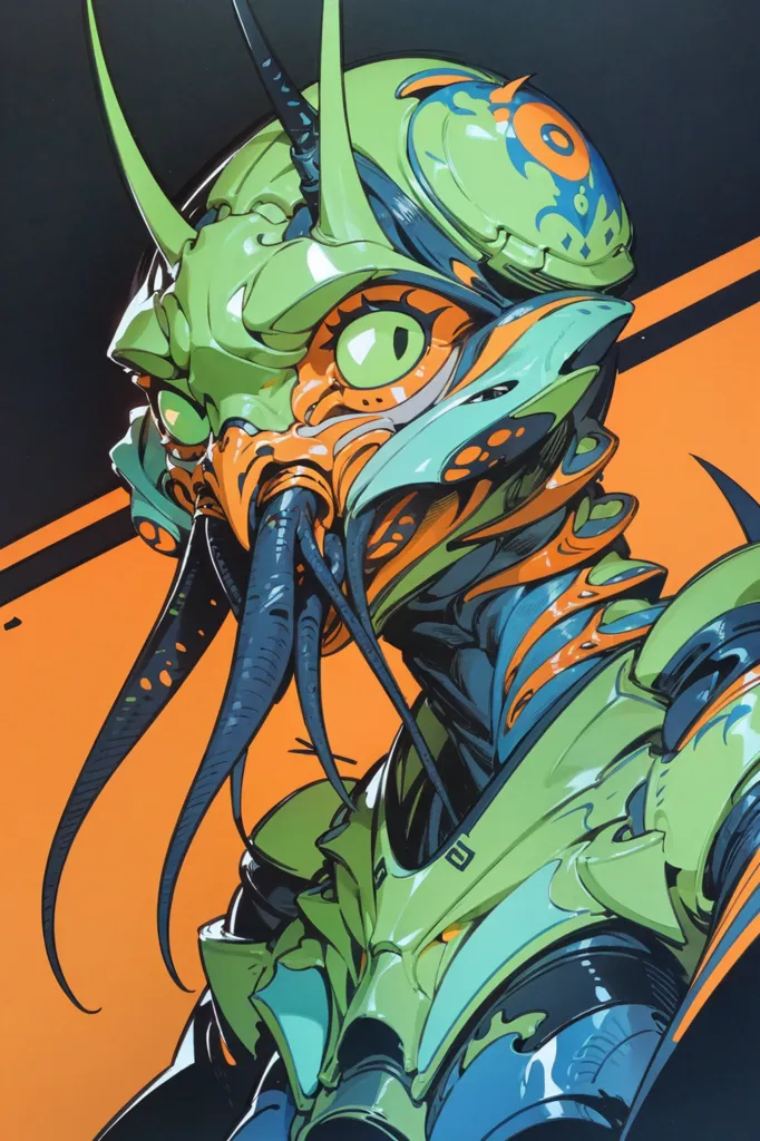 The image is a portrait of a green and orange alien creature with a complex mechanical suit. The creature has large, orange eyes and a mouth with sharp teeth and tentacles coming out of it. It is wearing a helmet with a visor and a breathing apparatus. The suit is made of green and orange metal and has various tubes and wires running along its surface. The background of the image is a dark blue with two orange stripes on either side.