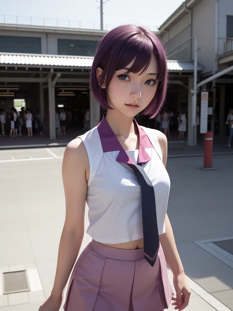 The image shows a young woman with short purple hair and blue eyes. She is wearing a white sleeveless shirt, a pink pleated skirt, and a dark colored necktie. She is standing in an outdoor area with a building in the background.