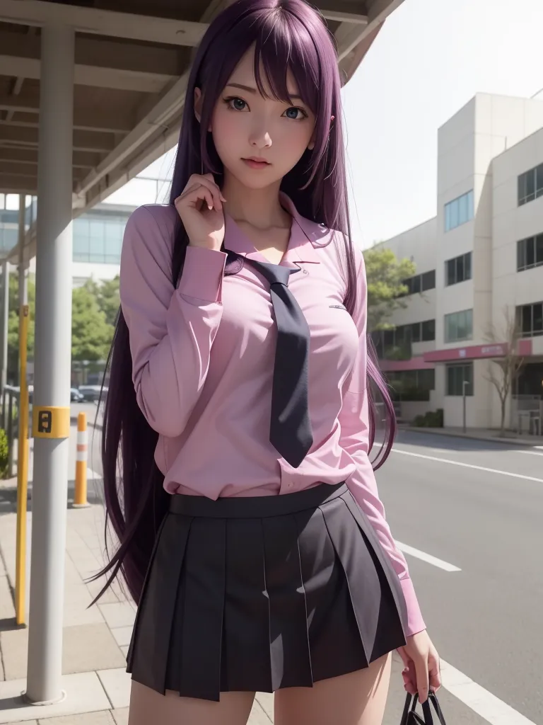 The image shows a young woman with long purple hair. She is wearing a pink blouse, a gray pleated skirt, and a dark tie. She is standing on a city street, with a building in the background. The woman is looking at the camera with a serious expression.