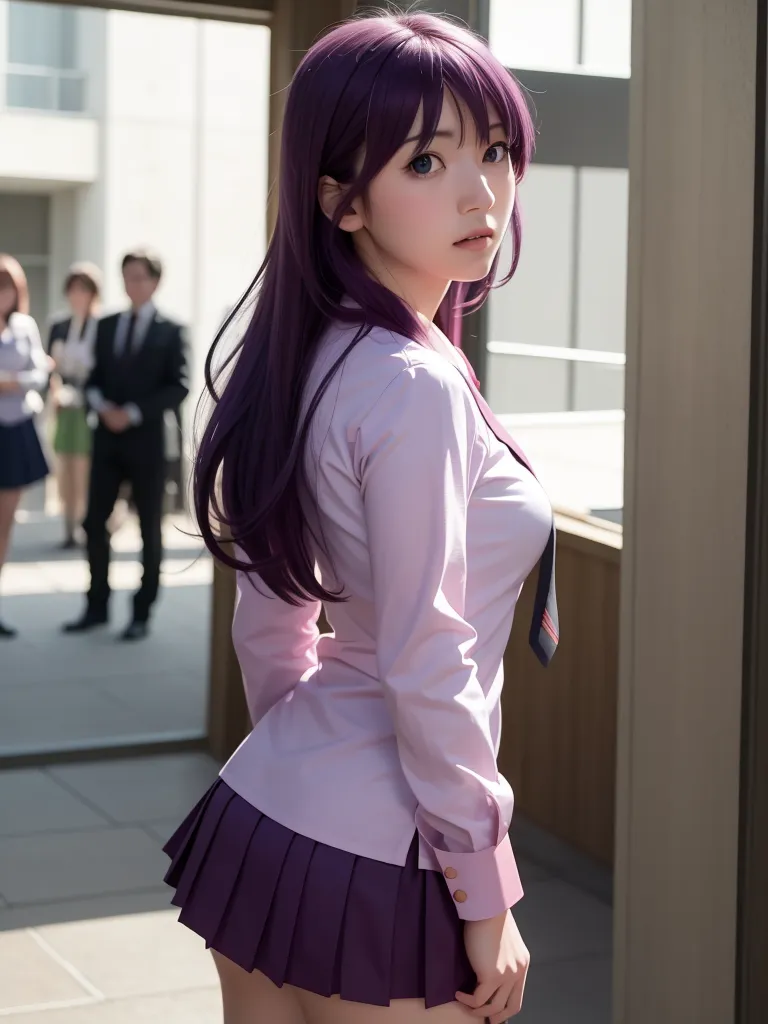 The image shows a young woman with long purple hair and purple eyes. She is wearing a white dress shirt with a purple tie and a pleated skirt. She is standing in a hallway with a glass door behind her. There are people walking in the background.