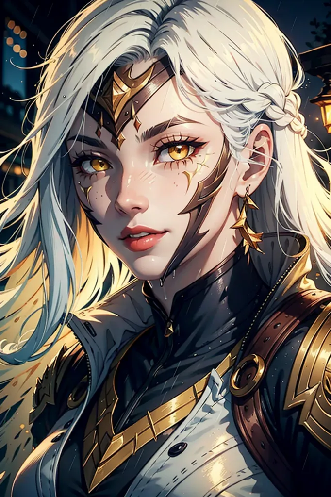 The image is a portrait of a beautiful woman with long white hair and golden eyes. She is wearing a black and gold-colored outfit and has a golden circlet on her head. The background is dark with a light source on the right side of the image. The woman's expression is serious and determined.