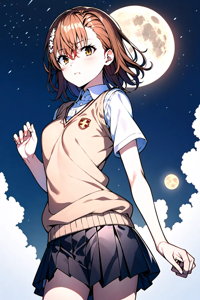 This is an image of a young girl, standing in front of a full moon. She has brown hair and yellow eyes, and is wearing a white shirt, brown sweater vest, and black pleated skirt. She has one hand raised, and the other holding the edge of her skirt. The background is a night sky, with clouds and stars.