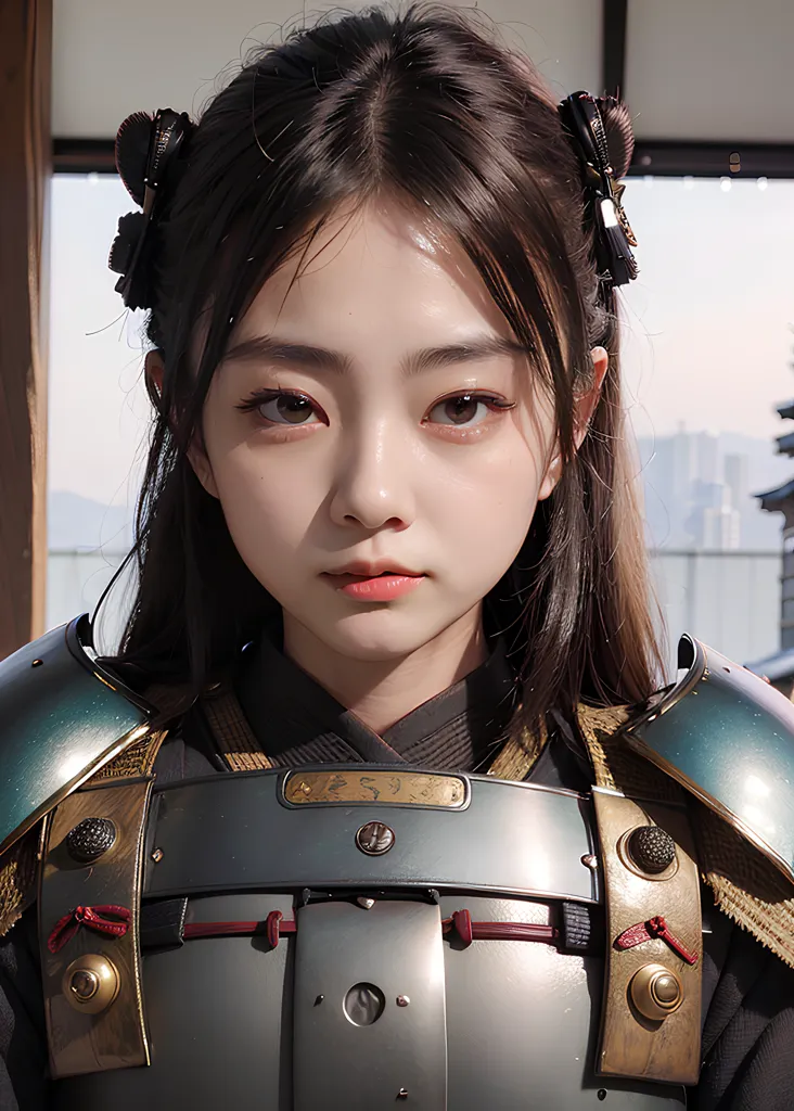 A imagem mostra uma jovem mulher com cabelos pretos longos e olhos castanhos. Ela está usando uma armadura samurai tradicional japonesa. A armadura é feita de metal e tem uma cor cinza escura. A mulher tem uma expressão determinada no rosto e parece estar pronta para a batalha.