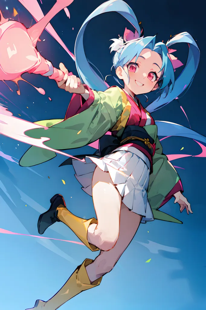 The image is a colorful illustration of a young girl in a kimono. She is holding a pink and blue wand and has long blue hair and pink eyes. She is wearing a white skirt and a green kimono with a black obi. She is also wearing yellow boots. The girl is standing in a dynamic pose, with her hair and clothes flowing in the wind. The background is a blue sky with pink and blue clouds.