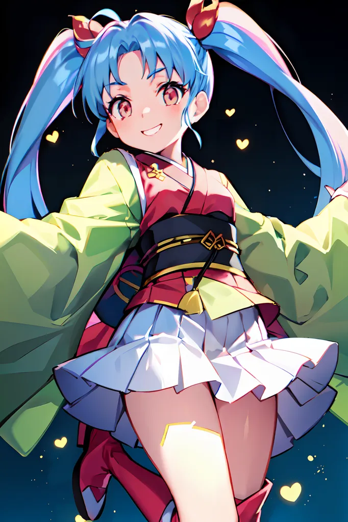 The image shows a young girl with blue hair and red eyes. She is wearing a green kimono with a white skirt and red boots. The girl is smiling and has her arms outstretched. There are yellow hearts floating around her. The background is dark blue with a starry night sky.