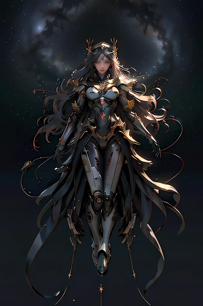 The image is of a woman with long black hair and silver eyes. She is wearing a black and silver bodysuit with a white cape. She is also wearing a crown and has a sword in her right hand. The background is a dark blue with white stars.