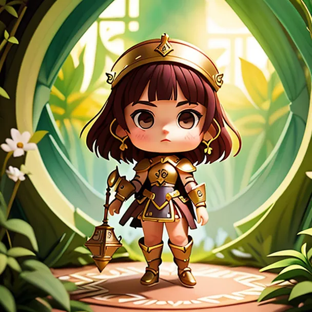 The image is of a chibi character, which is a type of stylized character that is typically depicted with large heads and small bodies. The character is a young girl with brown hair and eyes, and she is wearing a golden crown and armor. She is also carrying a large mace. The character is standing in a green field, and there are flowers and trees in the background.