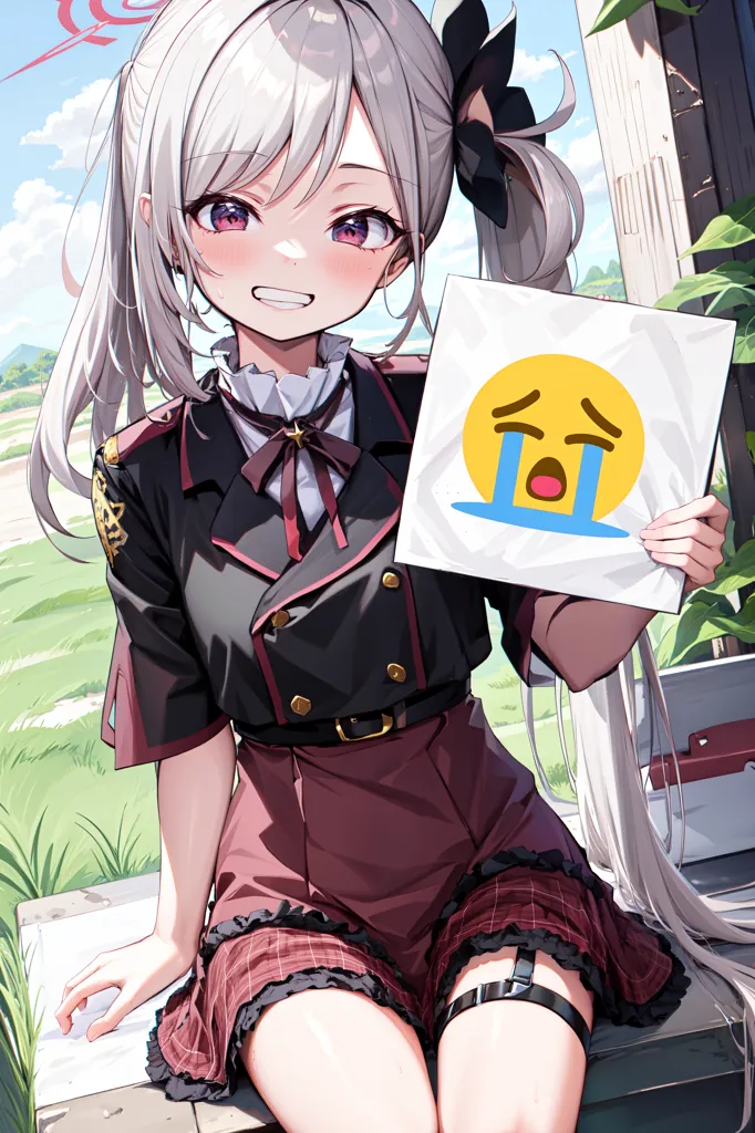 The image depicts an anime-style girl with long silver hair and purple eyes. She is wearing a black and red military-style outfit with a white bow around her neck and a black belt with gold buttons. She is sitting on a wooden porch railing with a sad expression on her face, holding a sign with a crying emoji on it. In the background, there is a green field with a blue sky and white clouds.