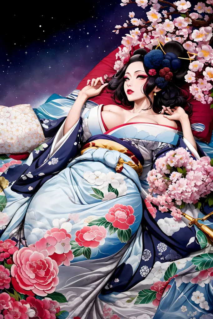 L'image est une peinture d'une belle femme en kimono. Elle est allongée sur un lit de fleurs roses et blanches. La femme porte un kimono bleu et blanc avec un obi rouge. Elle a de longs cheveux noirs et des lèvres rouges. L'arrière-plan de la peinture est un ciel de nuit bleu foncé avec des étoiles. La peinture est réalisée dans un style réaliste et la femme est représentée de manière sensuelle.