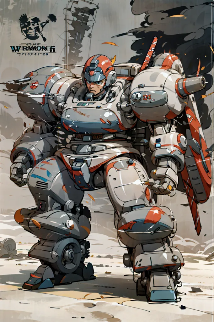 The image is a painting of a mech, which is a large, bipedal robot. The mech is white and gray with some red and orange details. It has a large gun on its right arm and a smaller gun on its left arm. The mech is standing in a junkyard, which is full of scrap metal and debris. The sky is dark and cloudy, and there are ruins of buildings in the background.