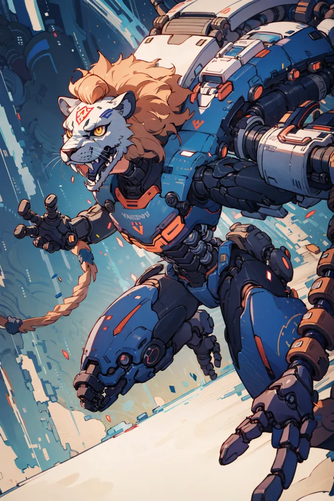 The image is a digital painting of a mecha lion. The lion is standing on a rooftop in a city. The city is in the background and is out of focus. The lion is in the foreground and is in focus. The lion is blue and white with yellow eyes. It is wearing a suit of armor. The armor is made of metal and has a lot of detail. The lion is also wearing a helmet. The helmet has a visor and is also made of metal. The lion is standing on two legs and is holding its arms in the air. It looks like it is ready to attack.