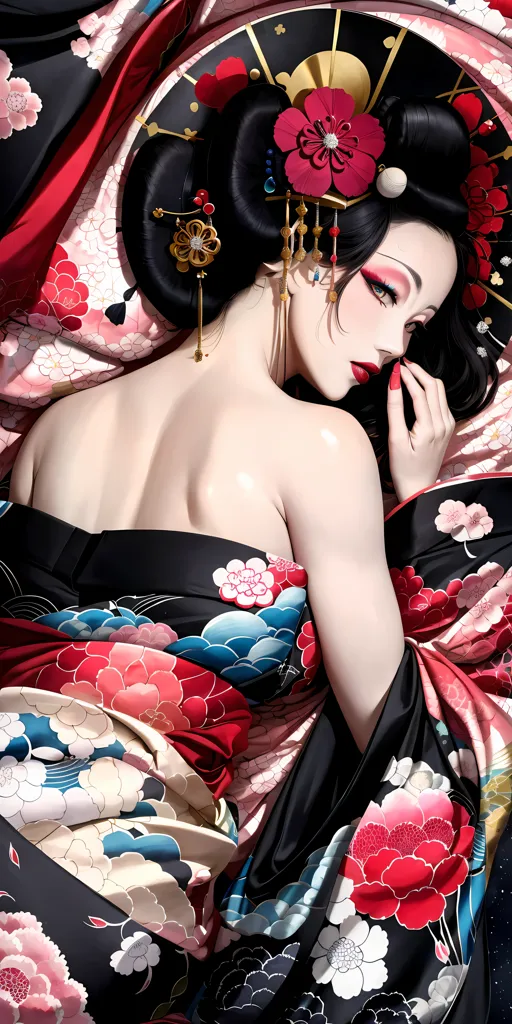 The image is a painting of a Japanese woman. She is wearing a traditional kimono with a floral pattern. Her hair is black and long, and she is wearing a red lipstick. She is sitting on a bed with her hand on her cheek, looking at the viewer with a thoughtful expression. The background is a blur of red and pink flowers.