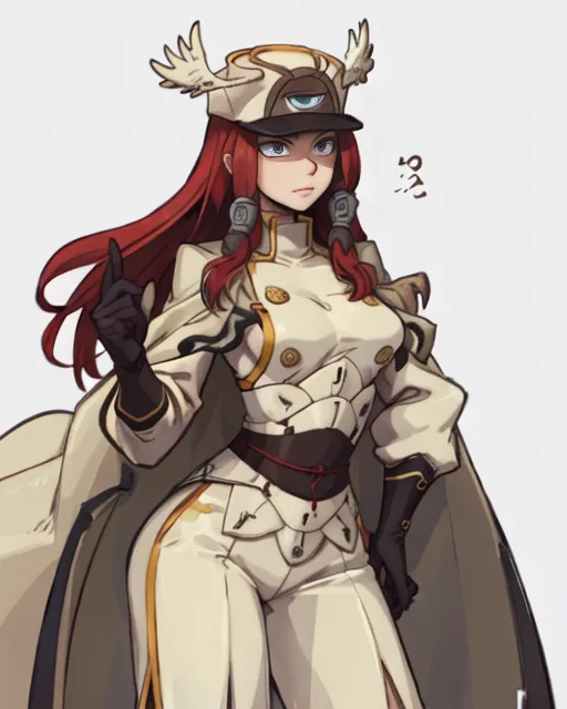 Ceci est une illustration d'un personnage féminin du jeu vidéo "Guilty Gear". Elle est représentée portant un uniforme militaire blanc avec une écharpe rouge et un chapeau blanc avec un bandeau rouge. Elle a de longs cheveux rouges et des yeux rouges, et elle pointe son doigt vers le spectateur. L'arrière-plan est de couleur blanche unie.