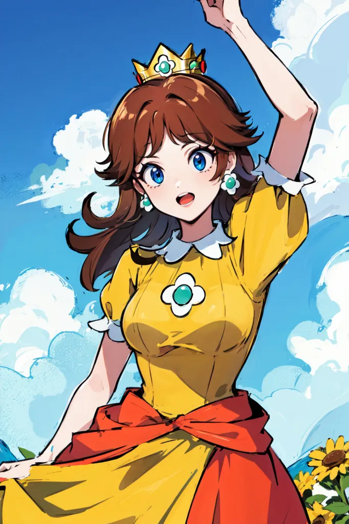 The image shows a young woman with long brown hair and blue eyes. She is wearing a yellow dress with a white collar and a red sash. She also has a yellow crown on her head and is holding her right arm in the air. She is standing in a field of sunflowers with a bright blue sky and white clouds in the background.