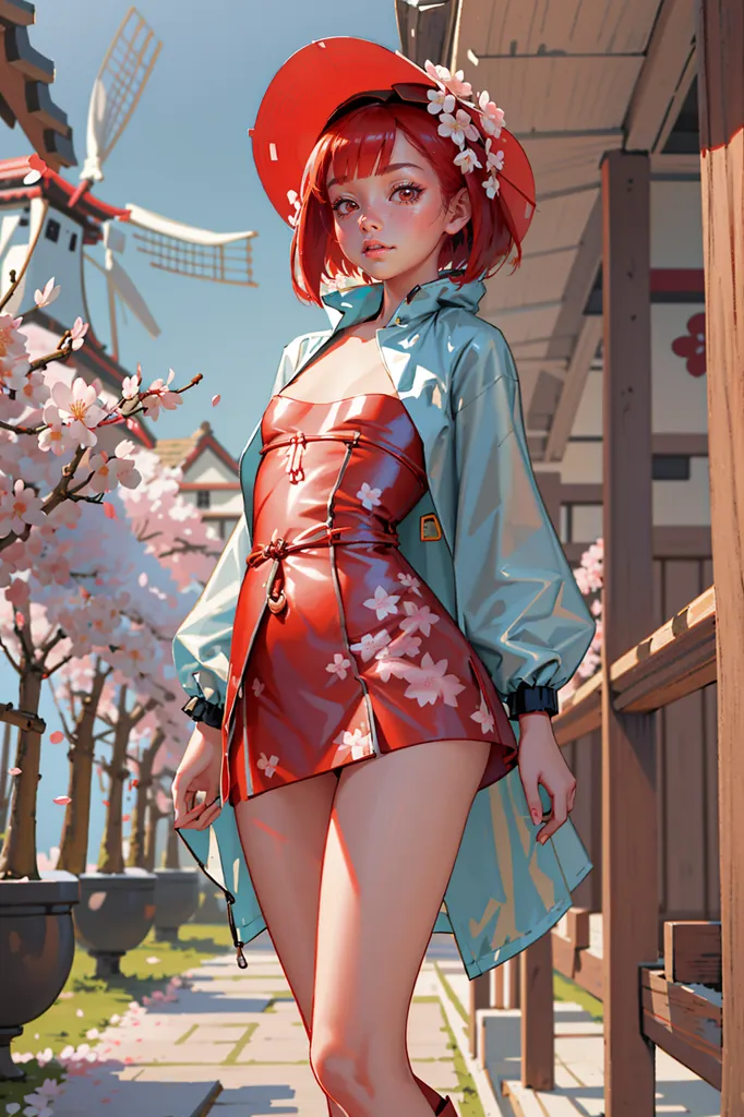 The image is a portrait of a young woman with short red hair. She is wearing a red and white dress with a white collar. The dress has a pattern of small white flowers. She is also wearing a red hat with a white band. The woman is standing in a garden with a windmill in the background. The garden is full of pink and white flowers. The woman is looking at the camera with a slight smile on her face.