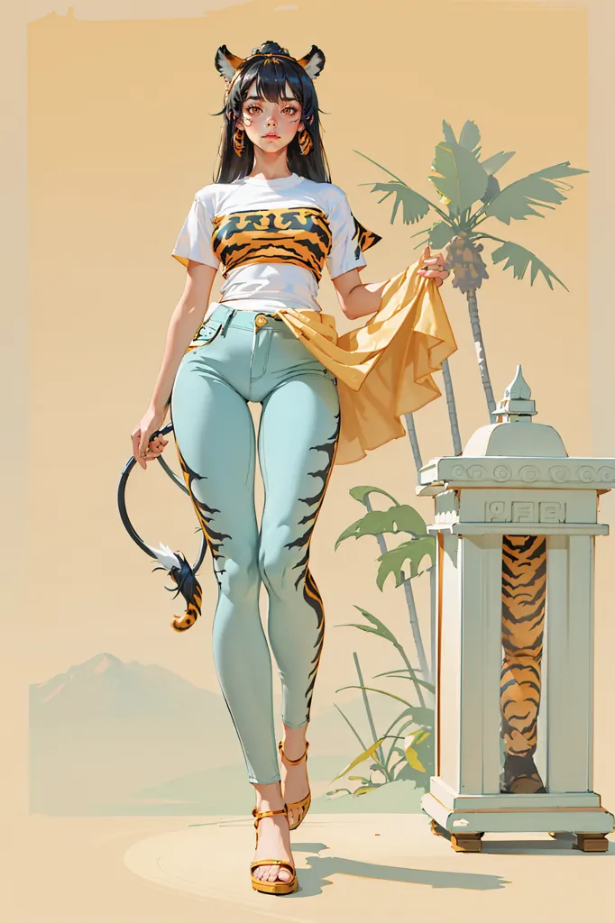 The picture shows a young woman with tiger ears and a tiger tail. She is wearing a white T-shirt, blue jeans, and brown sandals. She is also wearing a yellow jacket. The woman is standing in front of a whitewashed concrete pillar, which has tiger-striped columns. There are two palm trees behind her. The background is a gradient of light orange at the top and beige at the bottom, with a distant mountain range.