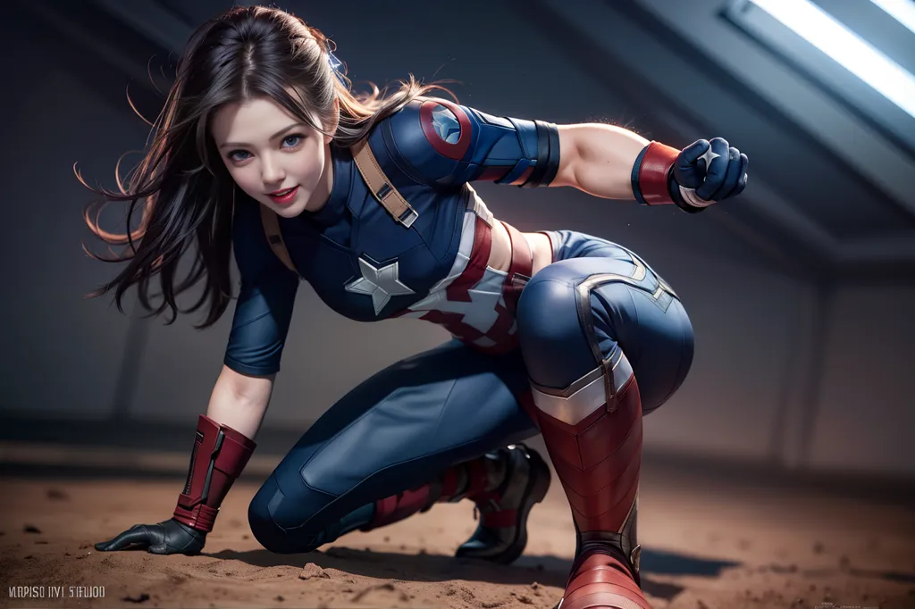 The image shows a young woman dressed in a Captain America-inspired outfit. She is kneeling on the ground, with her left hand on the ground and her right hand in a fist, ready to punch. She has long brown hair, blue eyes, and a determined expression on her face. She is wearing a blue and white bodysuit with a star on the chest, and red and white gloves and boots.