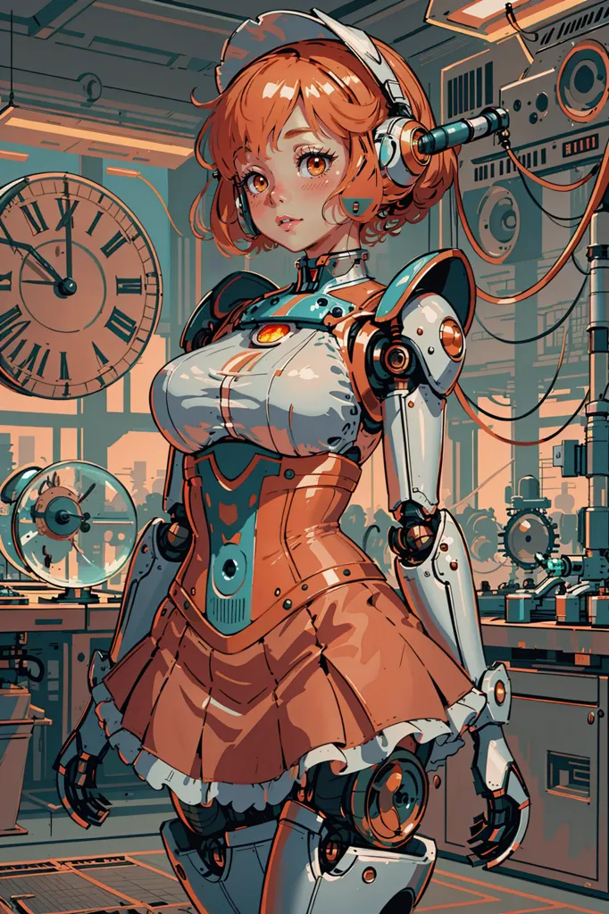 The image is a steampunk style illustration of a young woman. She has orange hair and eyes, and is wearing a white and orange outfit with a skirt and a large clock on the wall behind her. She is also wearing a pair of headphones and has a variety of tools and gadgets on her person. She has a confident expression on her face and is looking at the viewer.