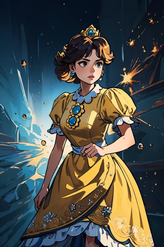 The image is of a young woman with brown hair and blue eyes. She is wearing a yellow dress with a white collar and blue sash. There are blue and yellow gems on her dress. She is standing in a dark room with a blue background. There are explosions happening in the background. She is looking at the viewer with a serious expression on her face.