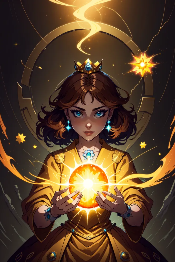 The image is of a young woman with brown hair and blue eyes. She is wearing a yellow dress with a white collar and a blue sash. She is also wearing a gold crown and holding a glowing yellow orb in her hands. There are stars and sparkles all around her. The background is dark with a glowing yellow circle behind her head.