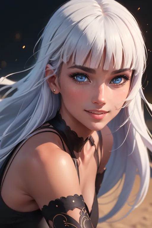 Ceci est une image d'une belle fille d'anime aux longs cheveux blancs et aux yeux bleus. Elle porte une robe noire avec un col blanc et des manches en dentelle noire. Elle a un sourire doux sur son visage. Elle se tient devant un fond sombre avec quelques lumières oranges à l'arrière-plan.