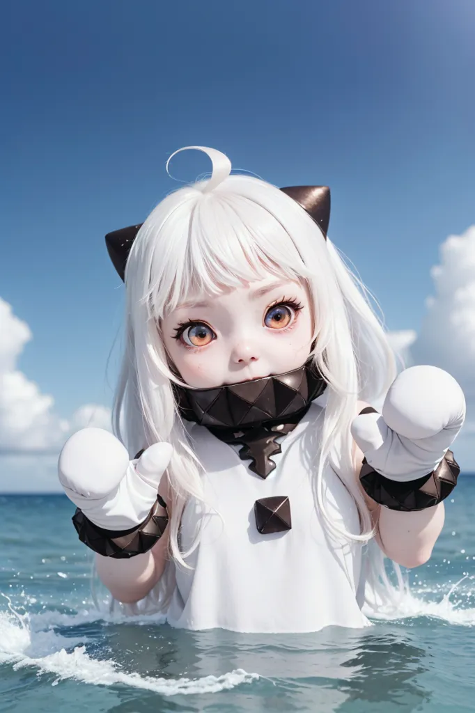 This image depicts an anime-style illustration of a young girl with cat ears standing in the shallow part of the ocean. She has long white hair and orange eyes. She is wearing a white dress with a brown collar and brown gloves. She has a serious expression on her face. The background is a bright blue sky with white clouds. The water is splashing around her as if she just jumped in.