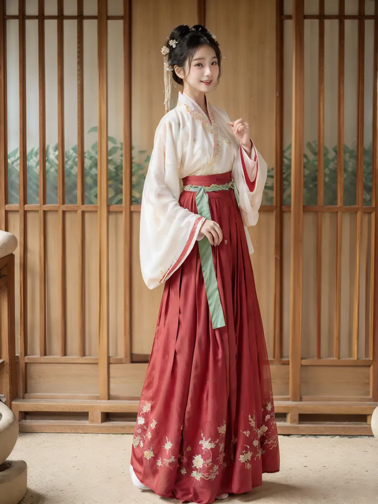 La imagen muestra a una mujer joven que lleva un vestido tradicional chino llamado Hanfu. El vestido es rojo y blanco con bordados florales. La mujer tiene el cabello recogido en un moño y lleva accesorios tradicionales chinos para el cabello. También lleva un cinturón rojo y tiene una faja verde atada alrededor de la cintura. La mujer está de pie en un patio tradicional chino.