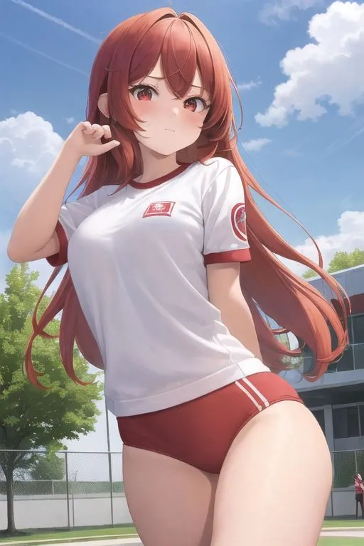 The image shows a young woman with long red hair and red eyes. She is wearing a white shirt with a red collar and red shorts. The shirt has a small red circle with a white \