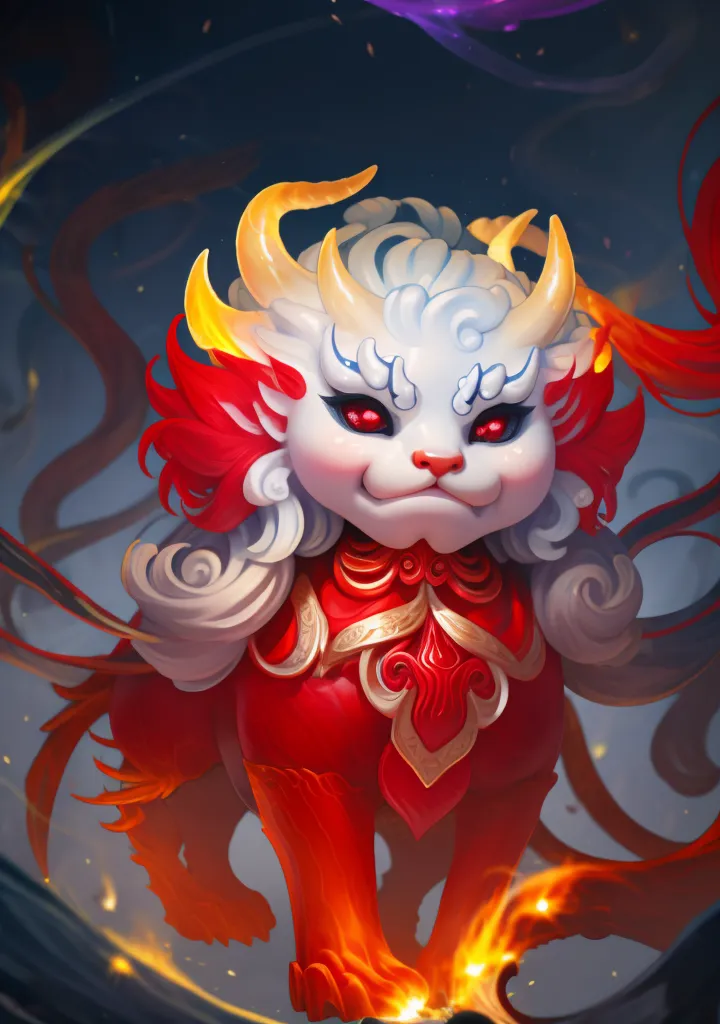 The image is of a mythical creature with the body of a lion and the head of a dragon. It has red fur and a long, flowing mane. Its eyes are red and its teeth are sharp. It is standing on a bed of flames and is surrounded by a dark background.