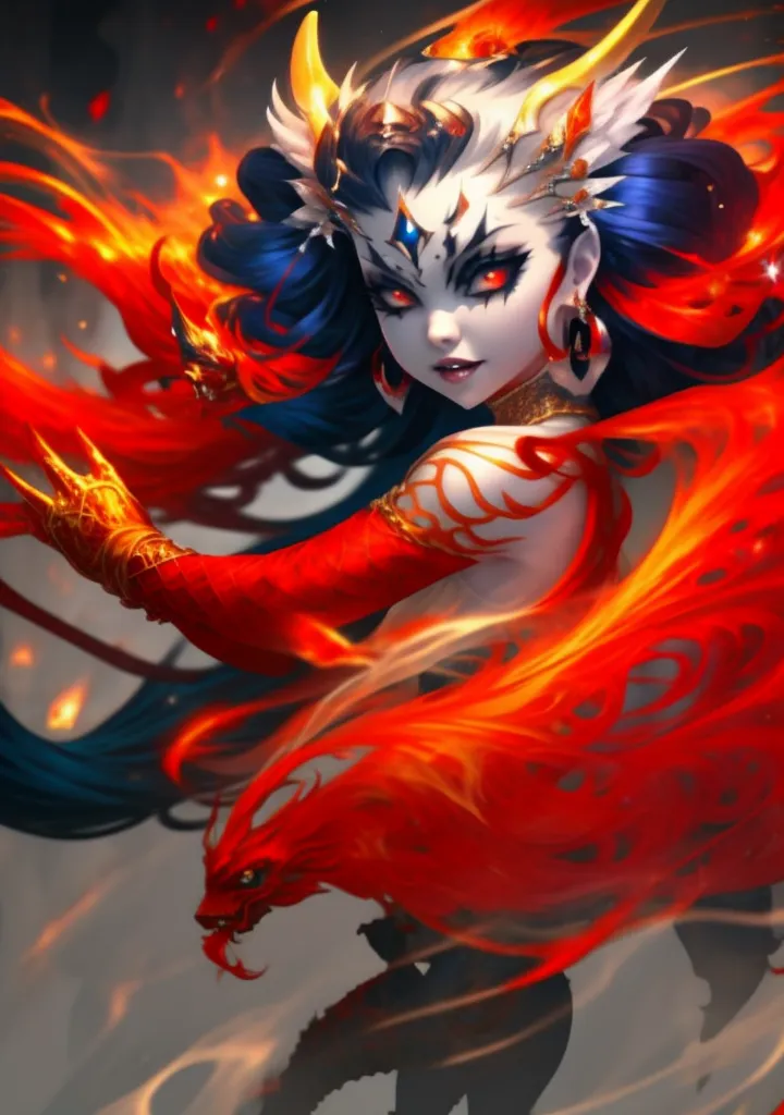 La imagen es una pintura de una mujer con el cabello largo de color azul y blanco. Tiene ojos rojos y lleva un vestido rojo y dorado. Está de pie frente a un fondo oscuro y está rodeada de fuego. Hay un dragón rojo en la parte inferior izquierda de la imagen, y parece estar volando hacia ella. La mujer tiene la mano levantada frente a ella, y parece que está lista para lanzar un hechizo.