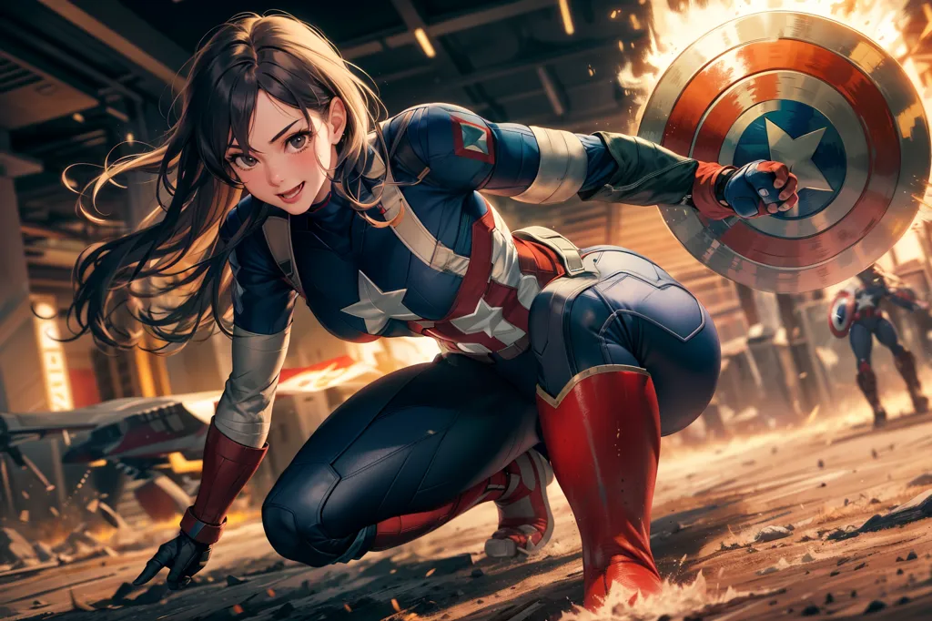 The image is of a female Captain America. She is kneeling on the ground with her left hand on the ground and her right hand holding her shield. She is wearing a blue and red suit with a white star on the chest. She has long brown hair and brown eyes. The background is a fiery orange.