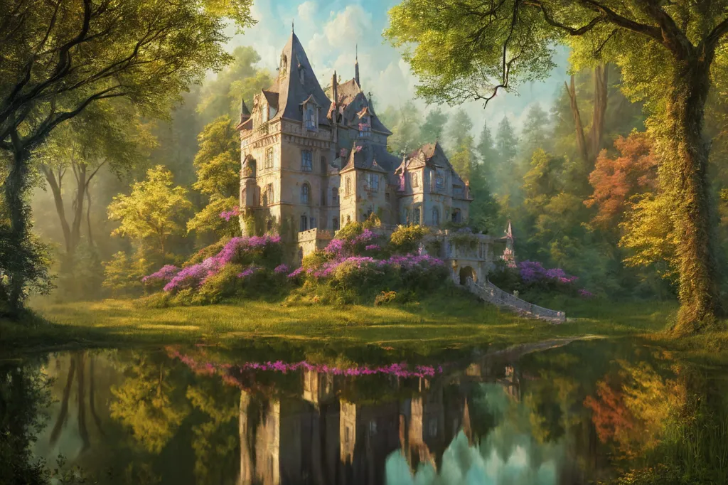 The image is of a fairytale castle. It is made of gray stone and has many towers and turrets. The castle is surrounded by a forest of green trees. There is a lake in front of the castle, which reflects the castle's image. The sky is blue and there are some clouds in the sky. The castle looks very old and mysterious.